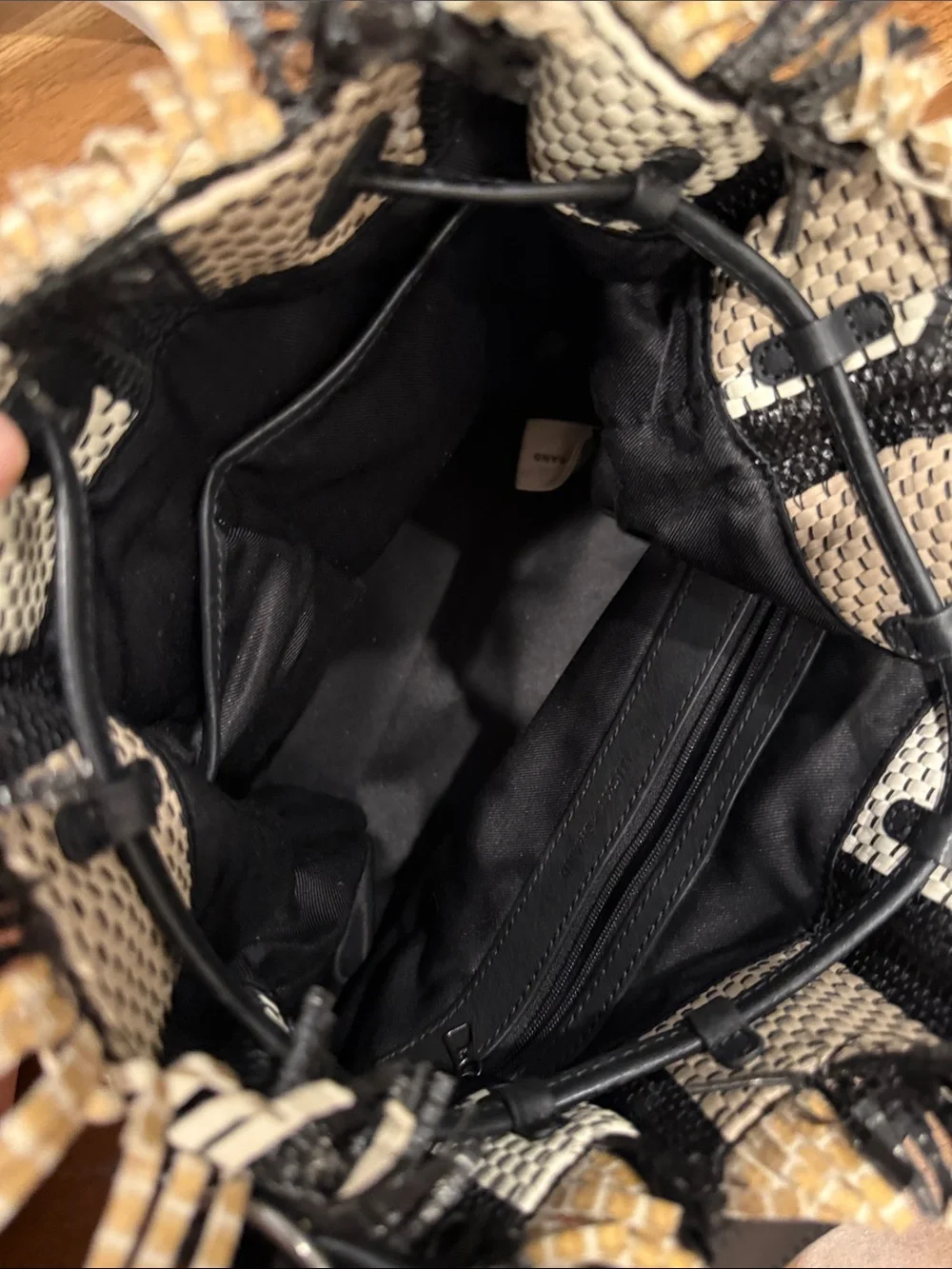 Woven Striped Bag with Black Leather Trim & tassel